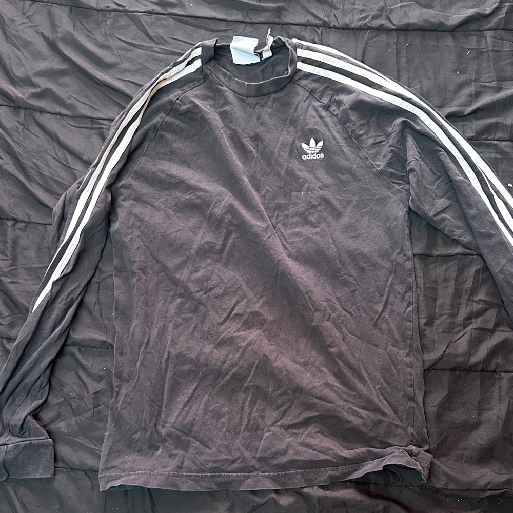 Adidas Men's Dark Gray Long Sleeve Shirt with White Stripes
